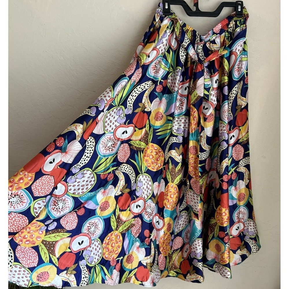 Her Destiny Satin Maxi Skirt L Fruit Print Maximalist A Line Resort Bohemian